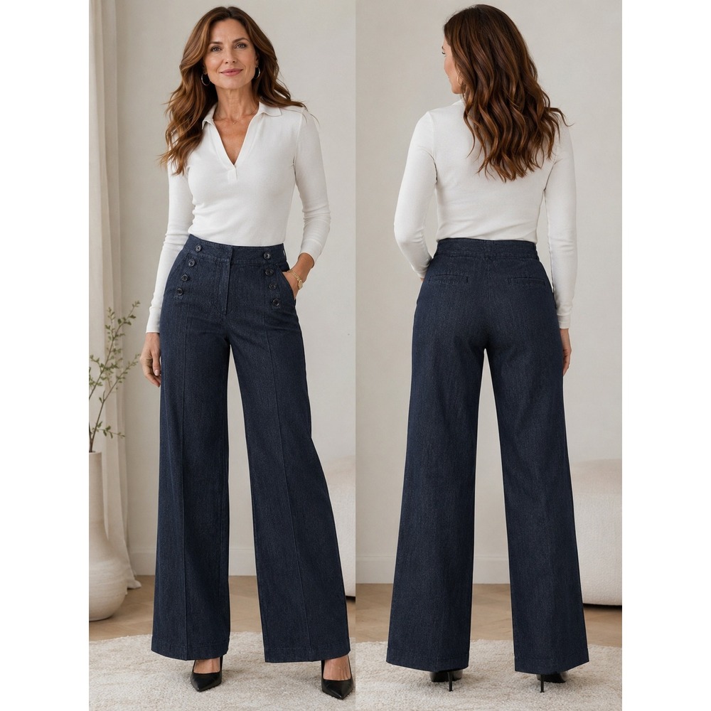 Larry Levine‎ Pants Sailor Button Detail Dark Indigo Stretch Wide Leg Size 14